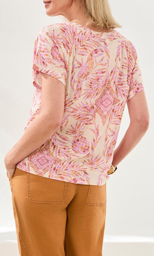 Abstract print short sleeve relaxed fit lightweight summer top with round neckline.