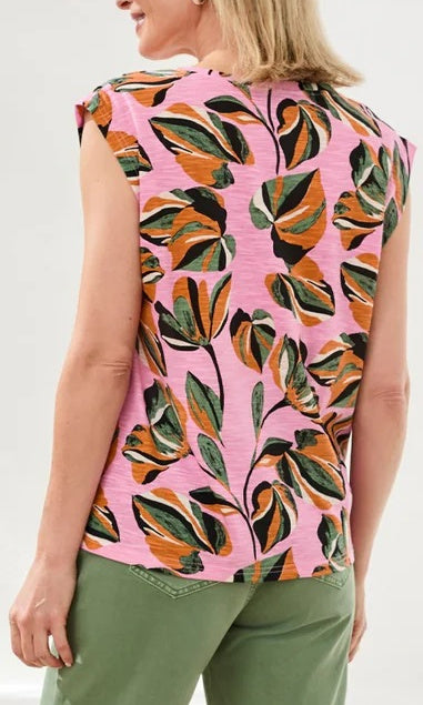 Abstract Leaf Print V-Neck Cap Sleeve Top