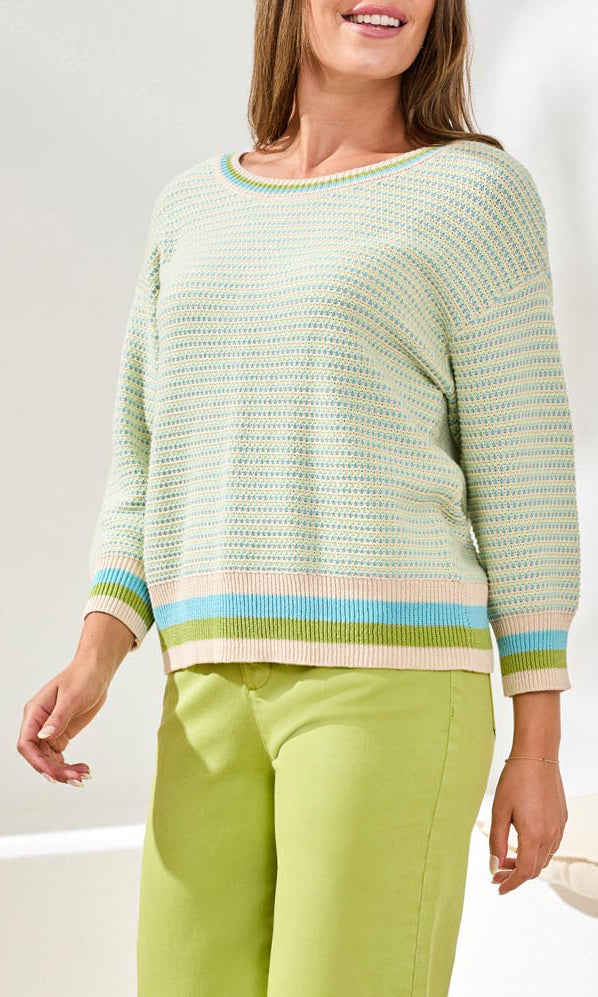 Textured stripe hem knit sweater top with round neckline and three-quarter sleeves, relaxed fit lightweight pullover.