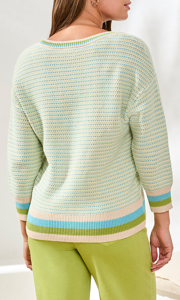 Textured stripe hem knit sweater top with round neckline and three-quarter sleeves, relaxed fit lightweight pullover.