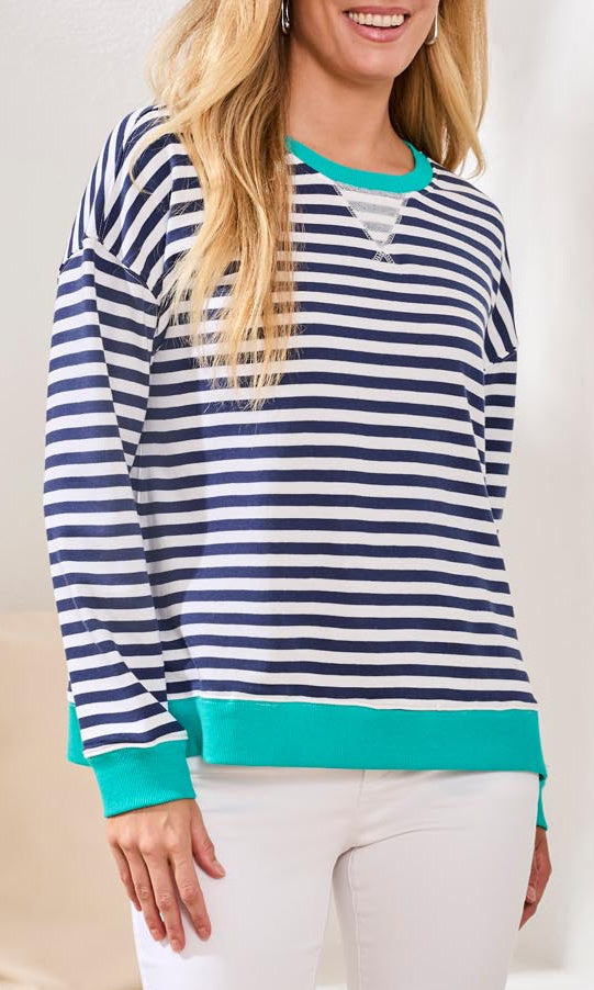 Striped Crew Neck Knit Top With Contrast Trim