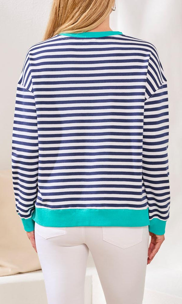 Striped Crew Neck Knit Top With Contrast Trim