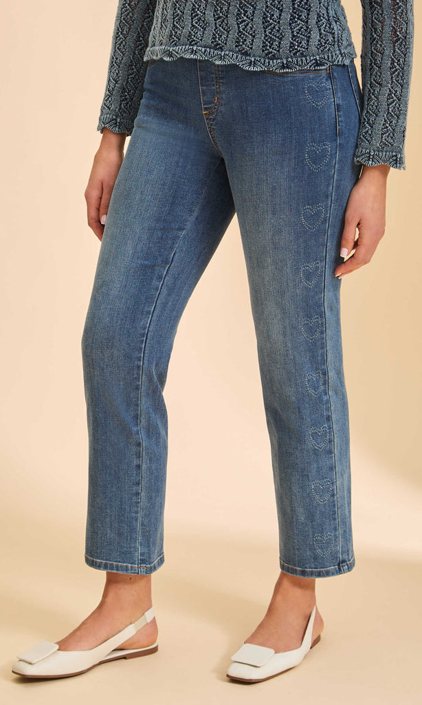 Indigo wash cropped straight-leg jeans with studded heart side detail