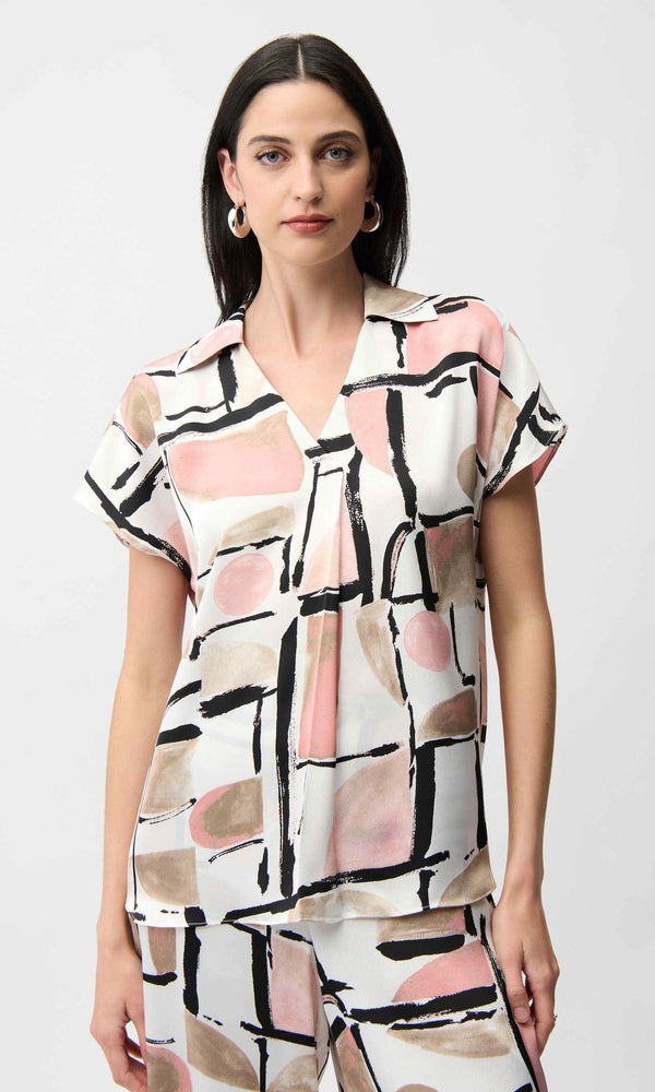Abstract Print Short Sleeve Collared Blouse