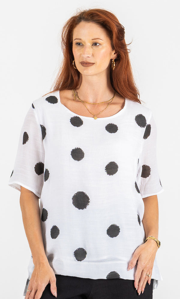 Woman wearing a white top with black polka dots on a plain background