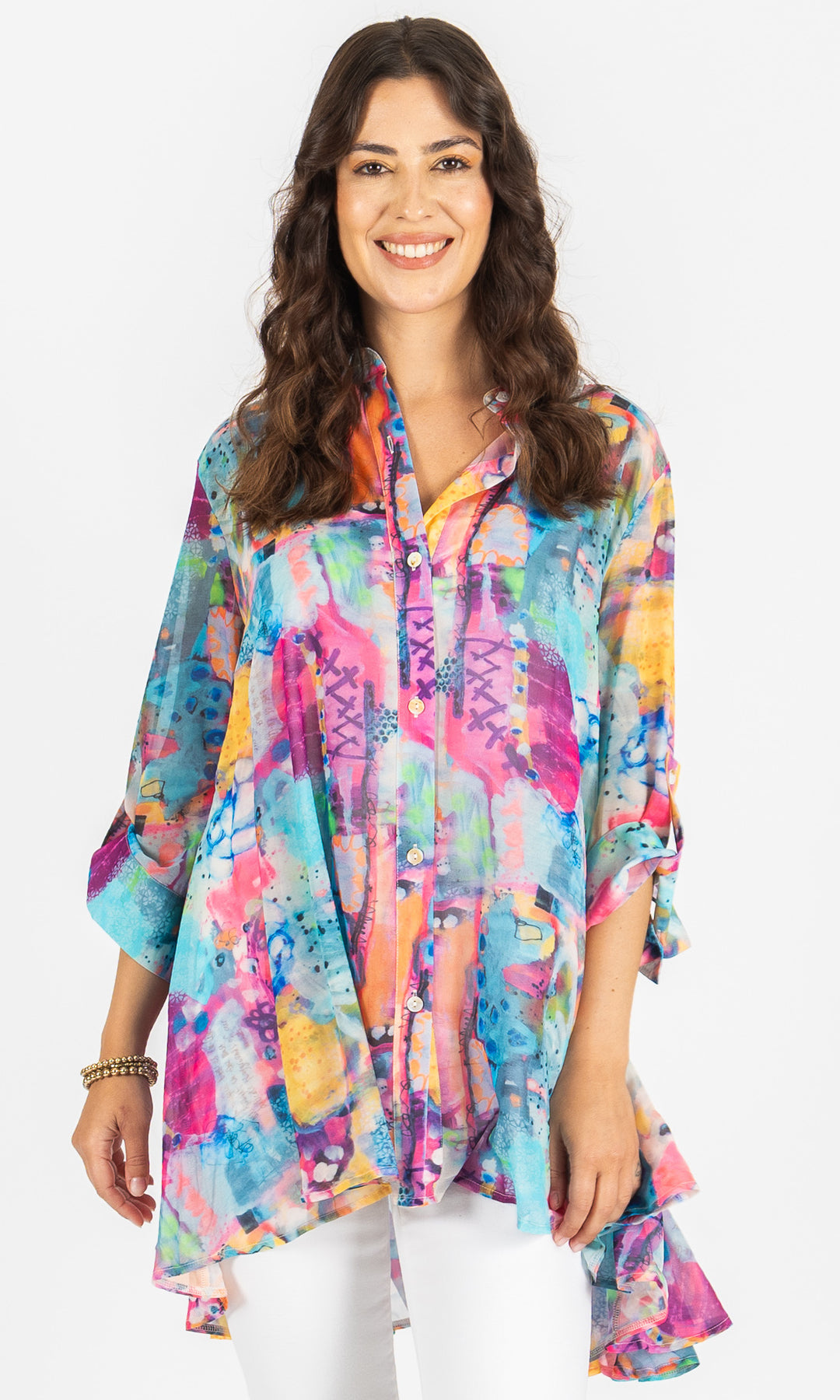 Watercolour Print High-Low Tunic Blouse