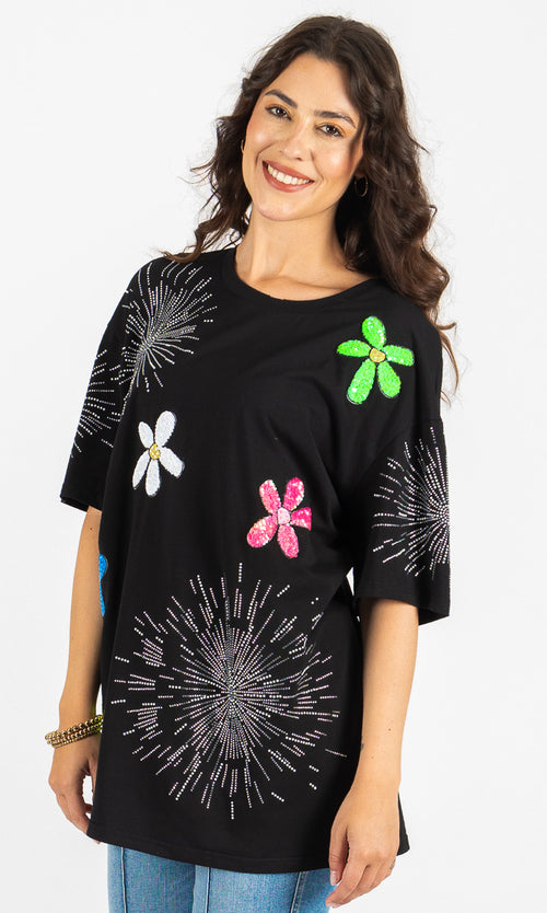 Embellished Floral & Burst Stretch Cotton Tee