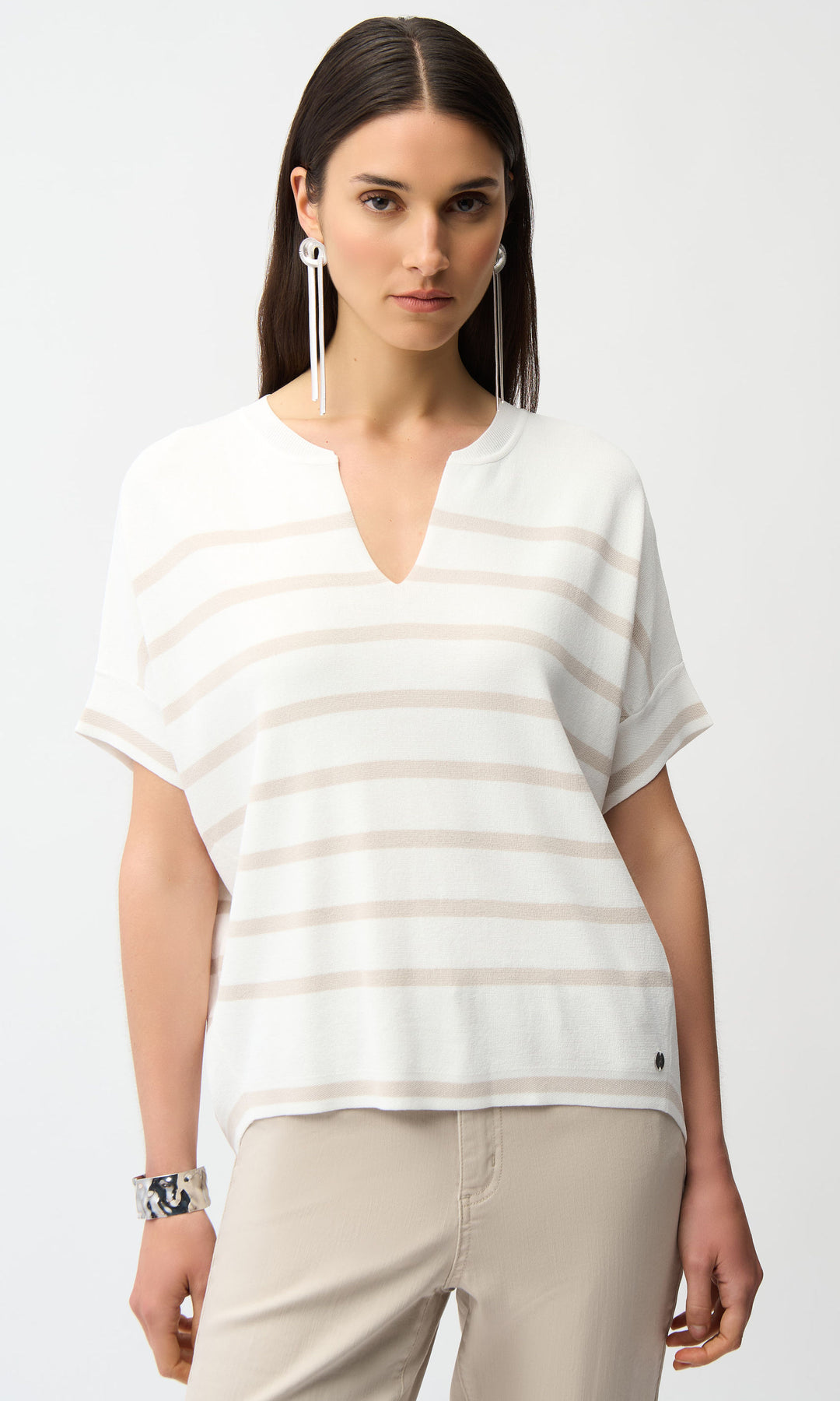 Striped Notch Neck Short Sleeve Knit Top