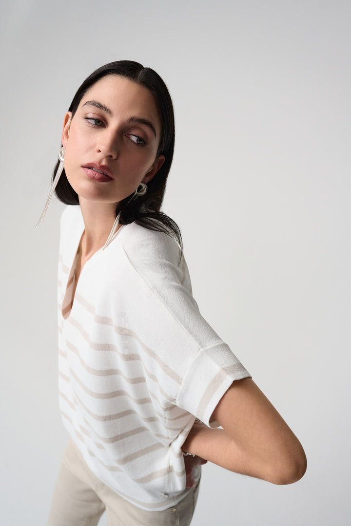 Striped Notch Neck Short Sleeve Knit Top
