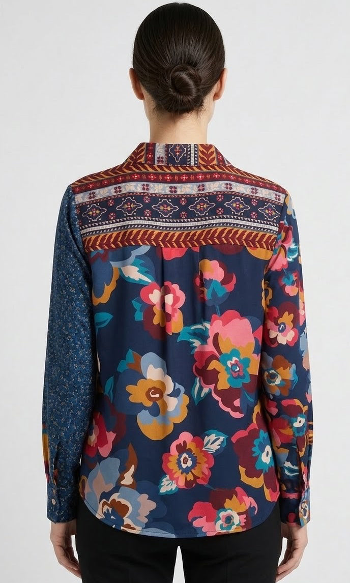 Mixed Print Button-Up Blouse