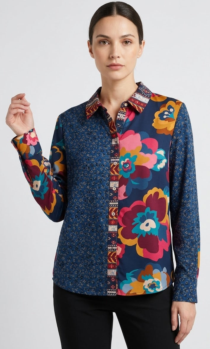 Mixed Print Button-Up Blouse