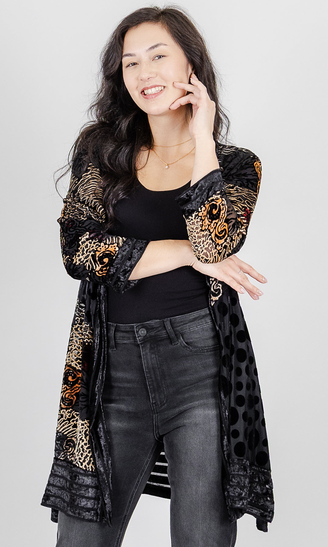 Mixed Print Velvet Longline Cardigan