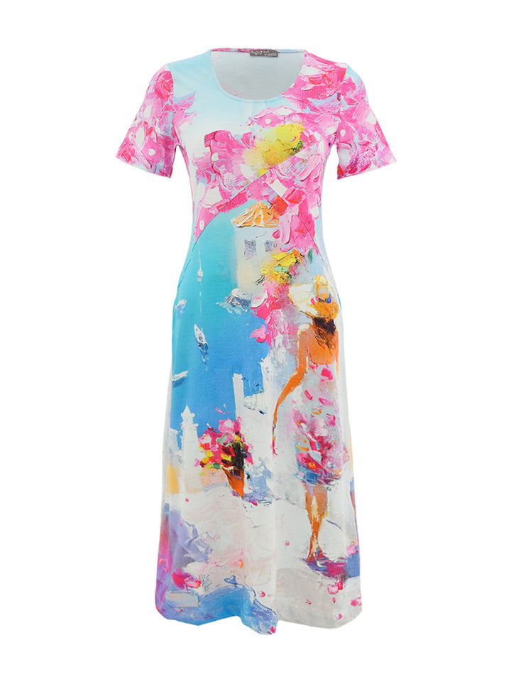 Cotton Blend Printed Stretch Midi Dress