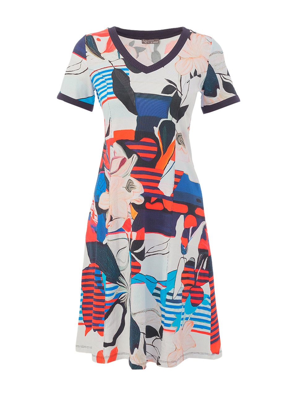 Cotton Stretch Abstract Print V-Neck Dress