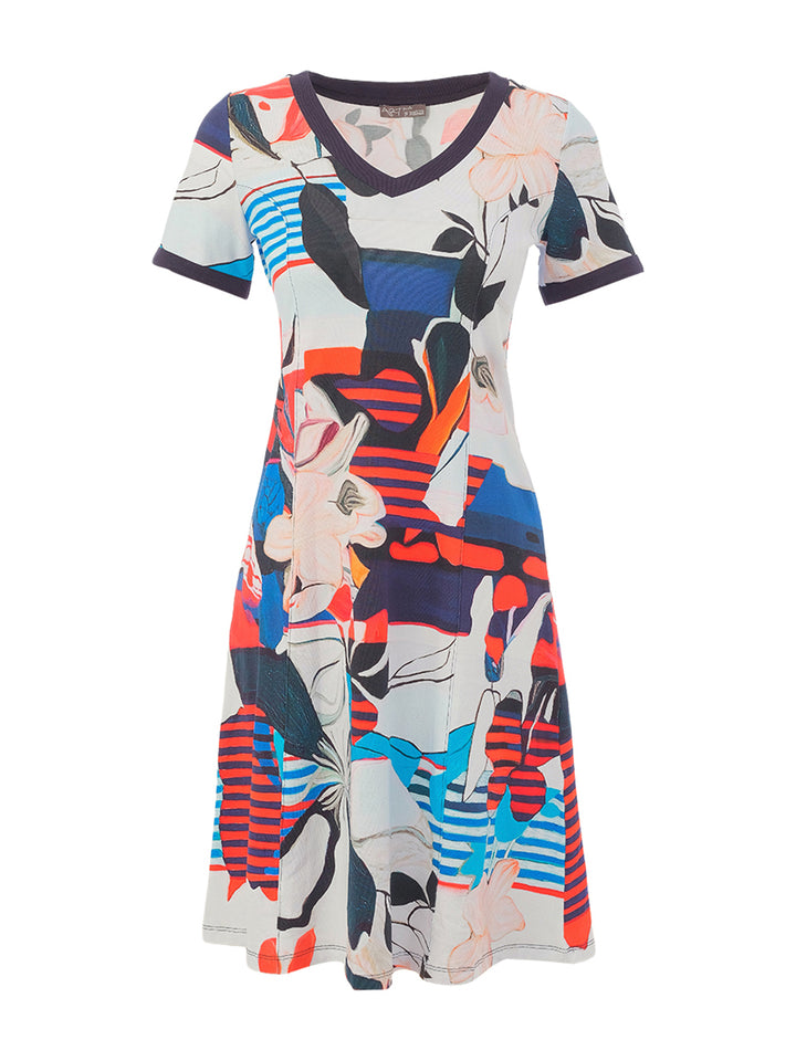 Cotton Stretch Abstract Print V-Neck Dress
