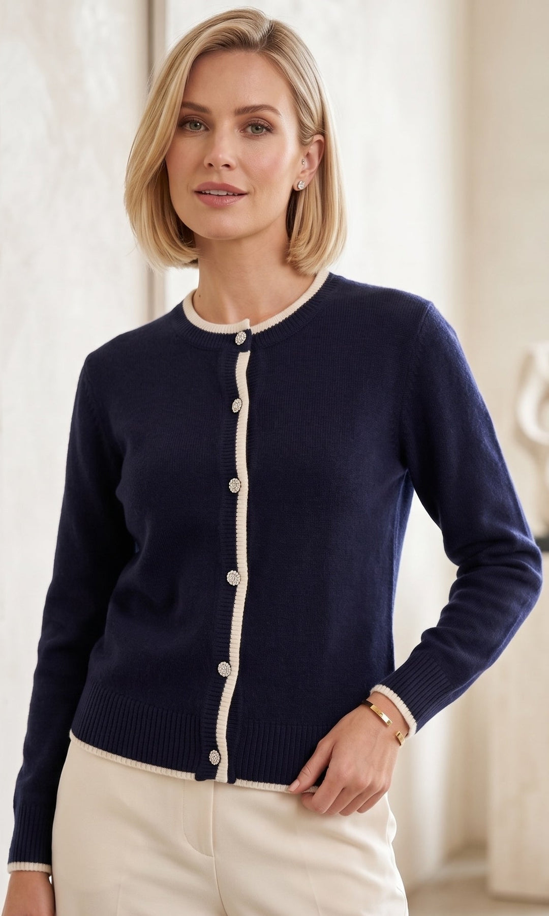 Contrast Trim Jewel Button Cardigan