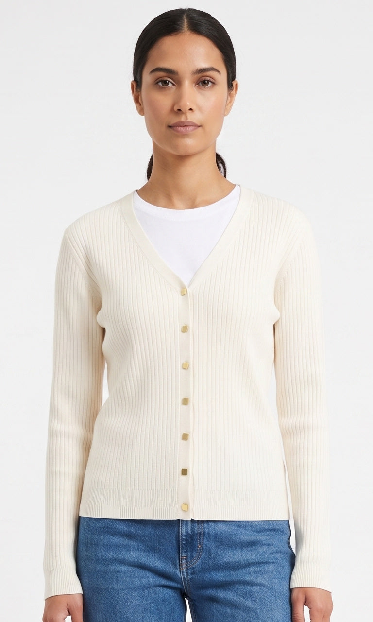 V Neck Ribbed Button Sweater