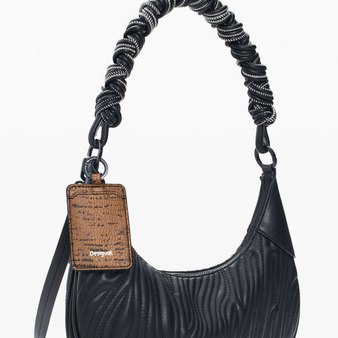 Desigual pleated floral shoulder bag with braided handle and adjustable strap.
