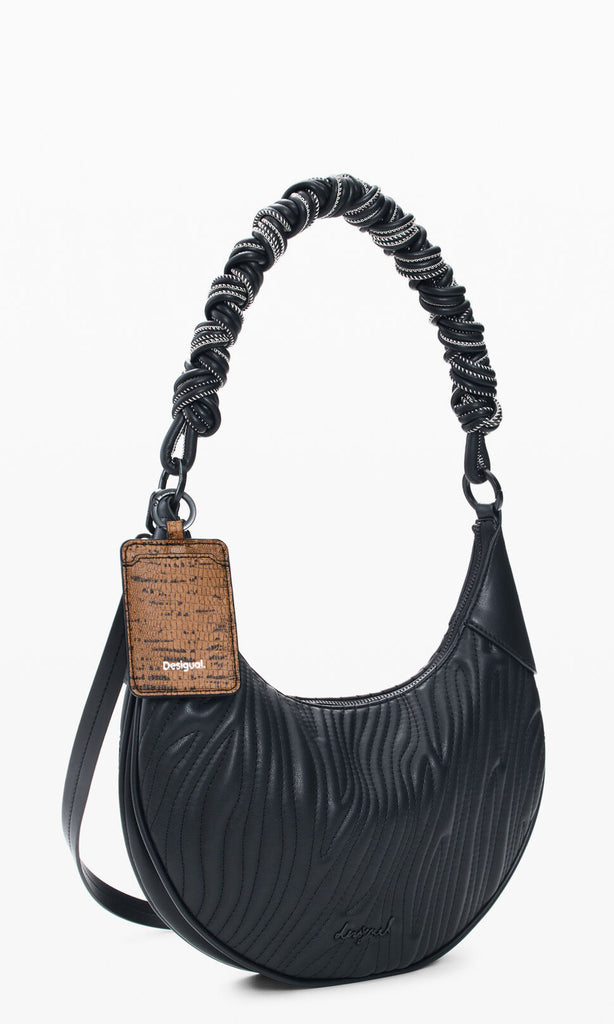 Desigual pleated floral shoulder bag with braided handle and adjustable strap.