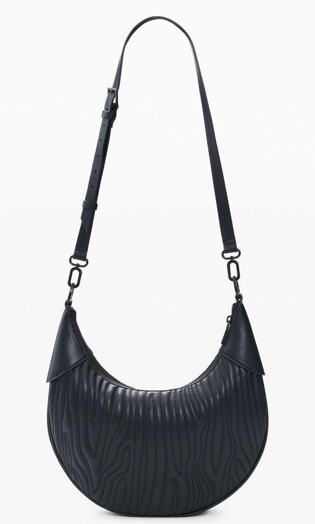 Desigual pleated floral shoulder bag with braided handle and adjustable strap.