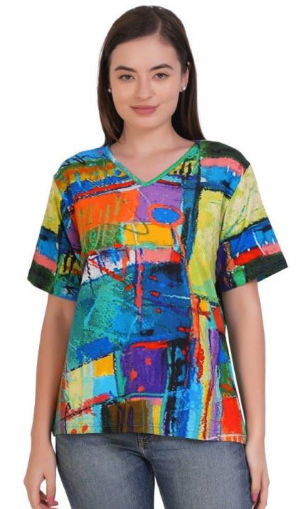 Abstract Print V-Neck Top