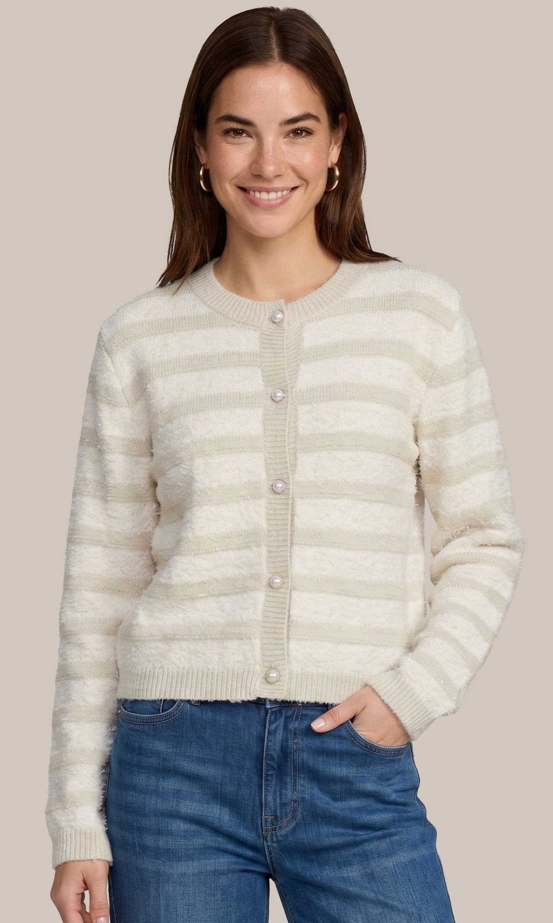 Textured Stripe Pearl Button Cardigan