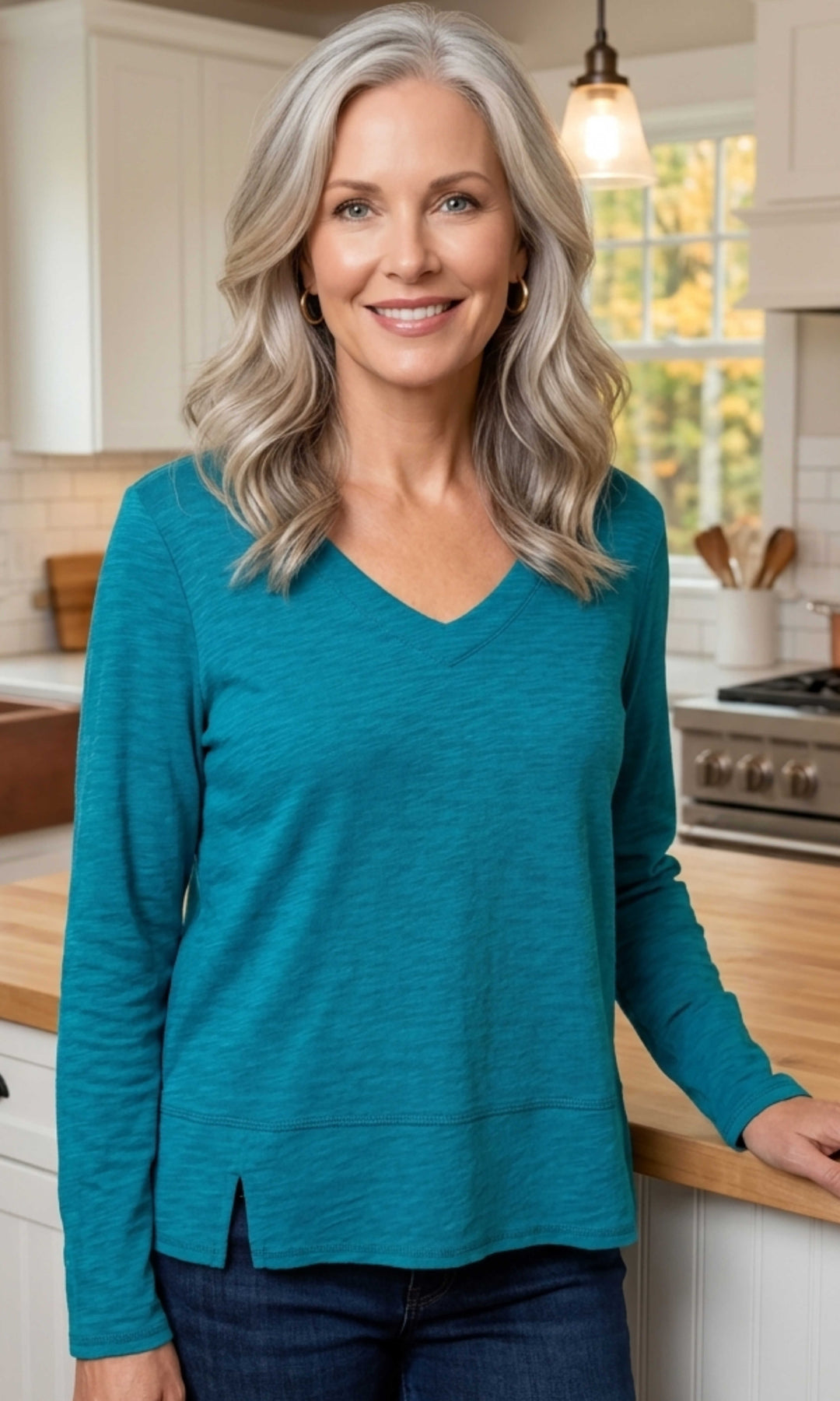 V Neck Side Slit Cotton Top
