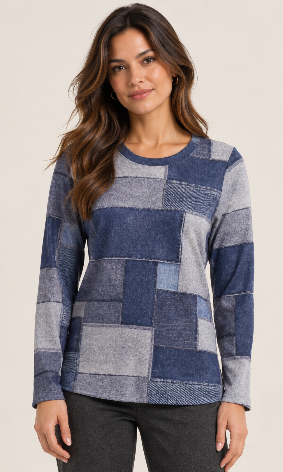 Patchwork Print Crew Neck Top