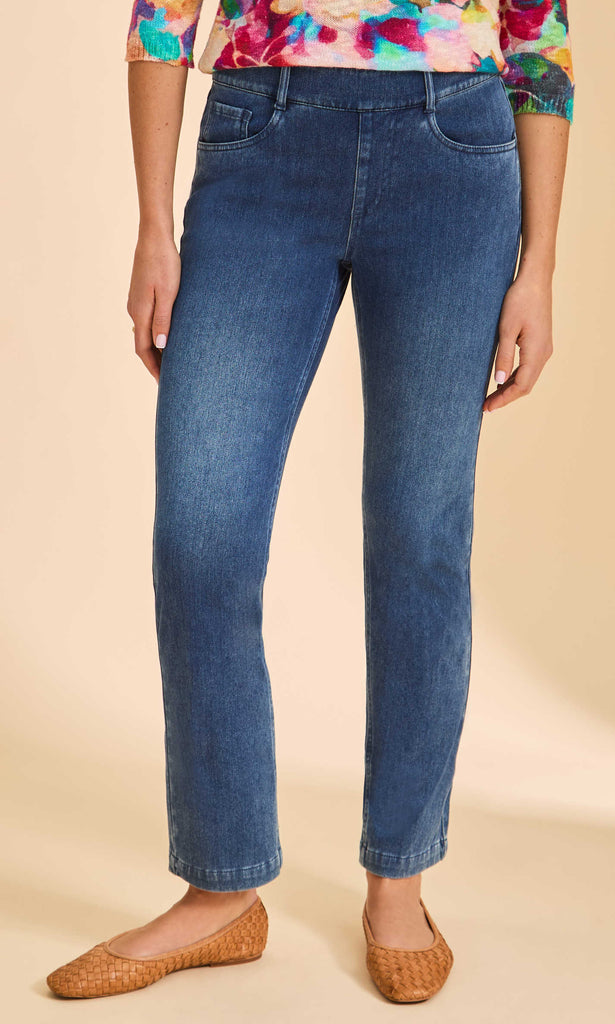 Blue denim pull-on slim straight ankle jeans