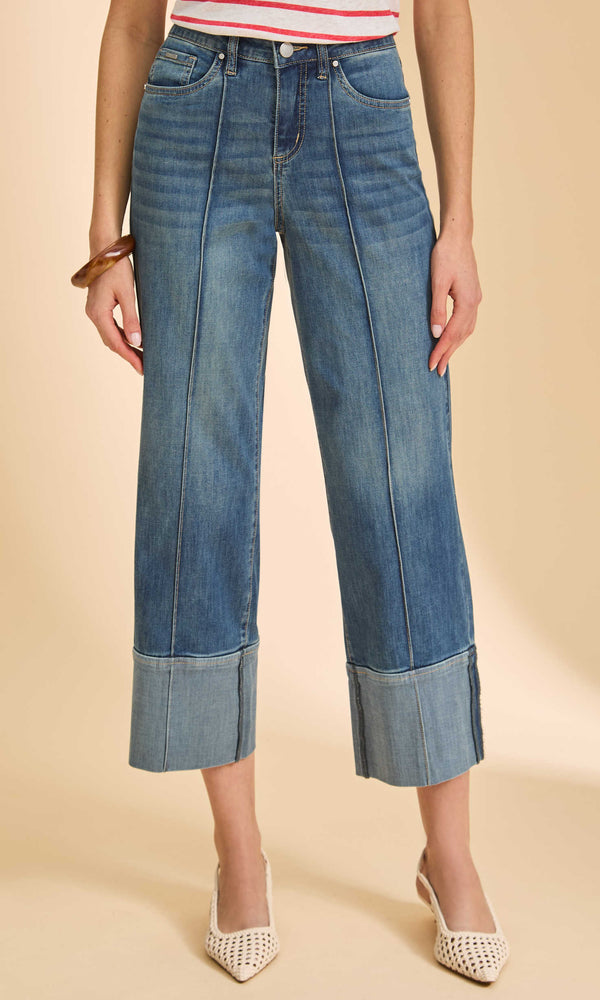 Medium wash cropped straight-leg jeans with structured cuff