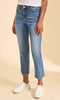 Medium wash cropped straight-leg jeans with embroidered heart trim
