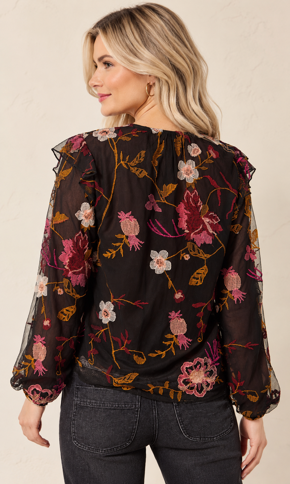 Embroidered Floral Ruffle Blouse