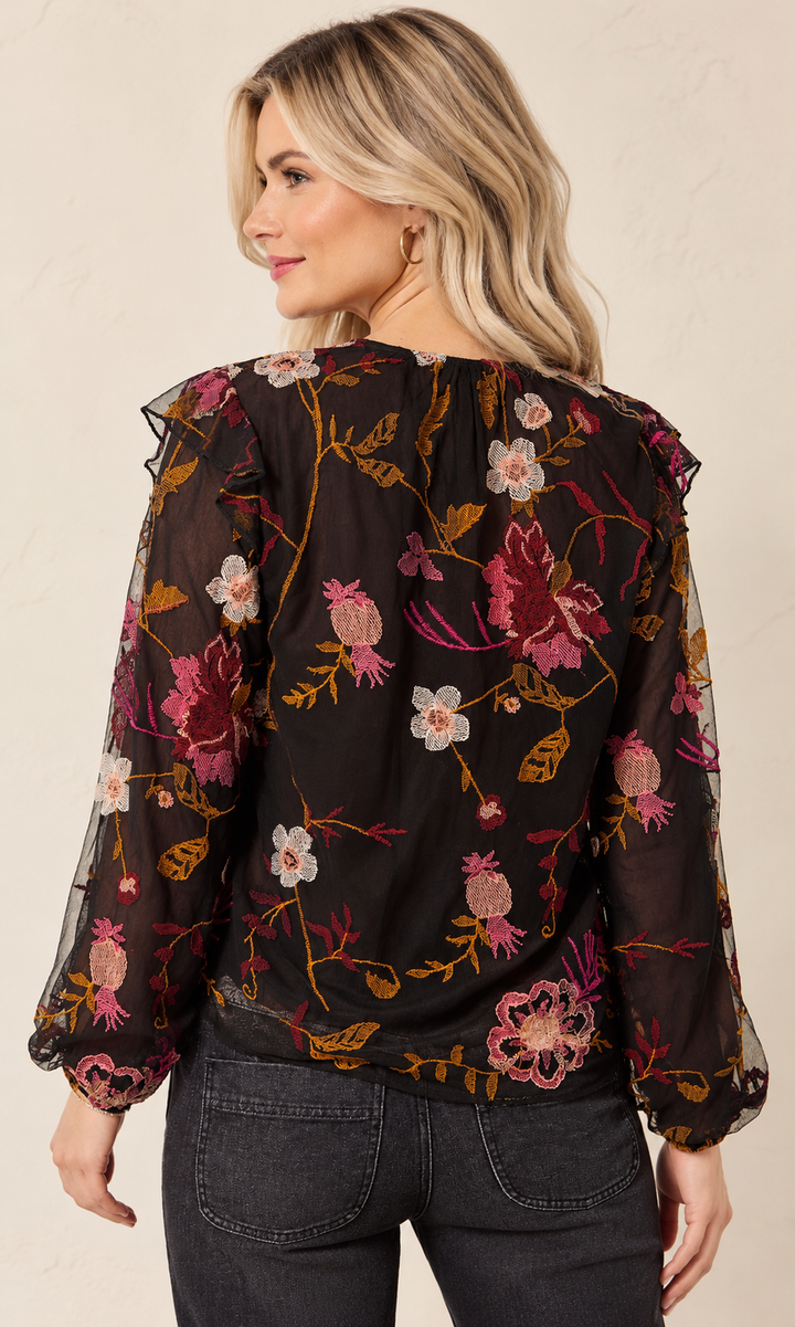 Embroidered Floral Ruffle Blouse
