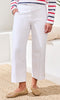 White pull-on cropped pants with gold button hem detail