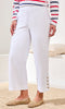White pull-on cropped pants with gold button hem detail