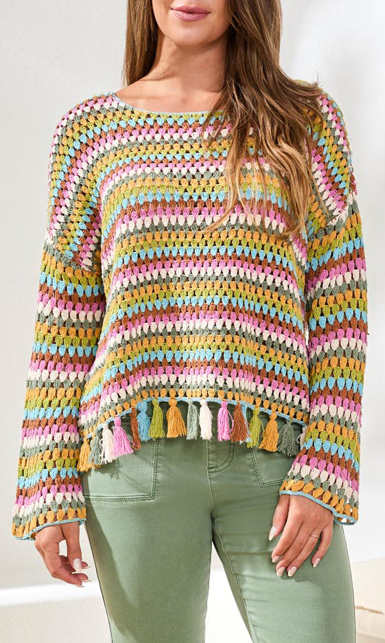view of tassel hem crochet stripe sweater with multicolor open knit and fringe detail