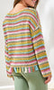view of tassel hem crochet stripe sweater with multicolor open knit and fringe detail