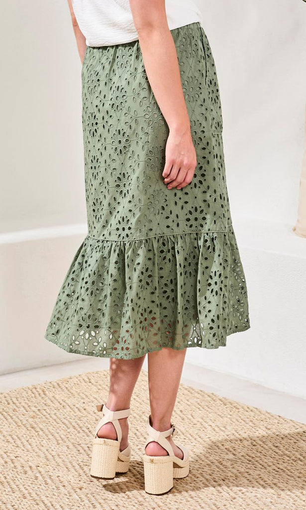 Eyelet Midi Skirt With Ruffle Hem