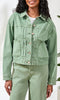 Cropped denim jacket with button front and front patch pockets styled with coordinating pants.
