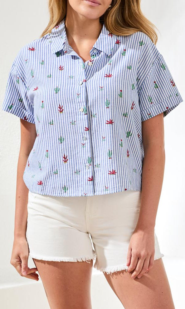 Striped Cactus Embroidered Button-Up Shirt