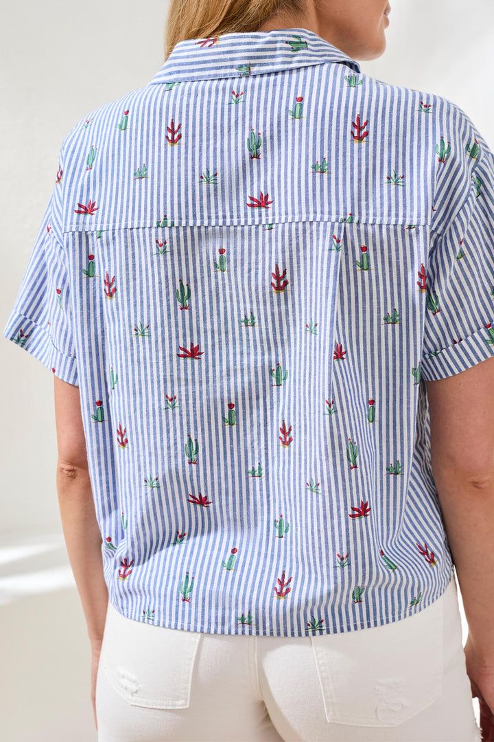 Striped Cactus Embroidered Button-Up Shirt