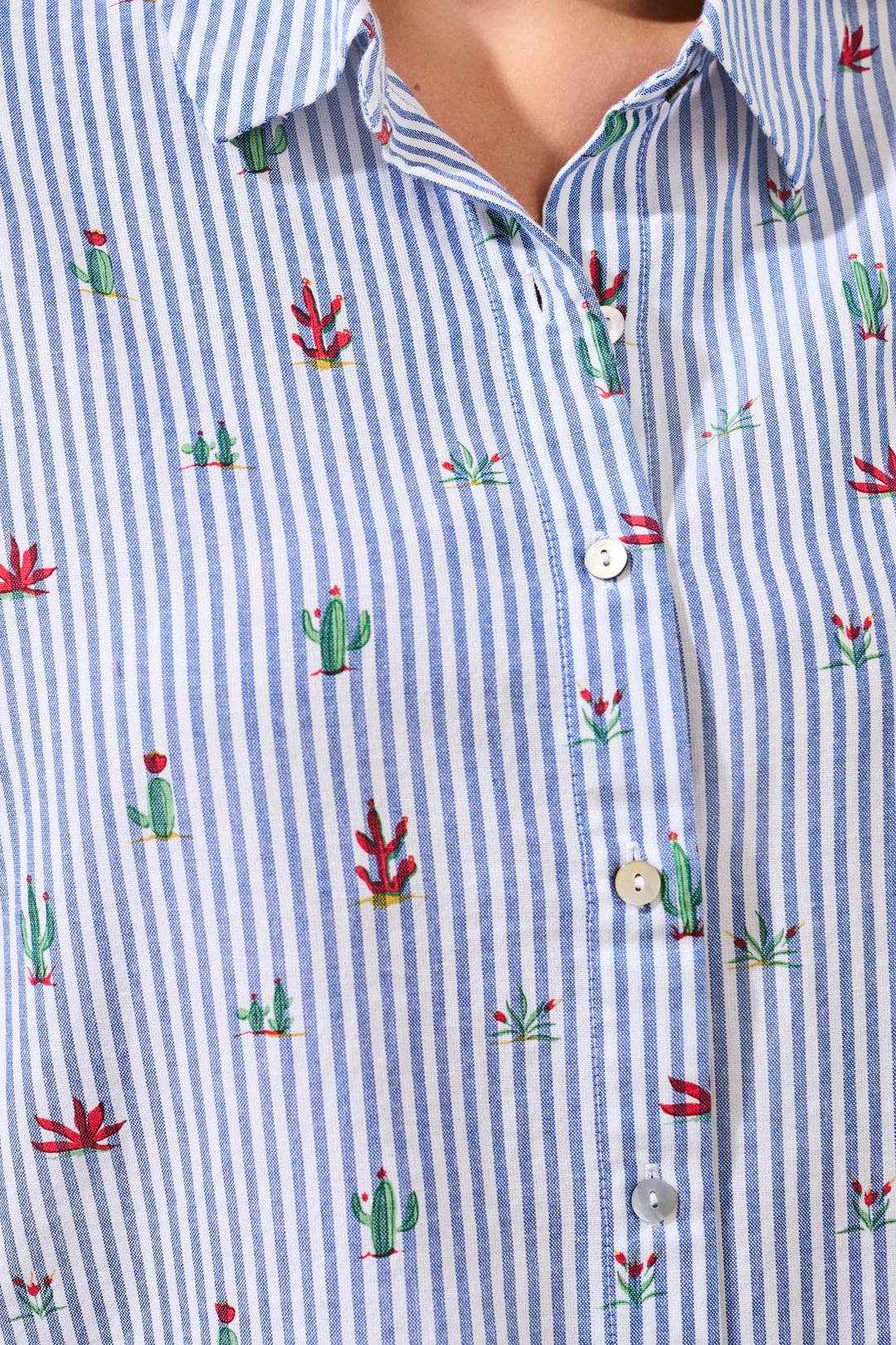 Striped Cactus Embroidered Button-Up Shirt
