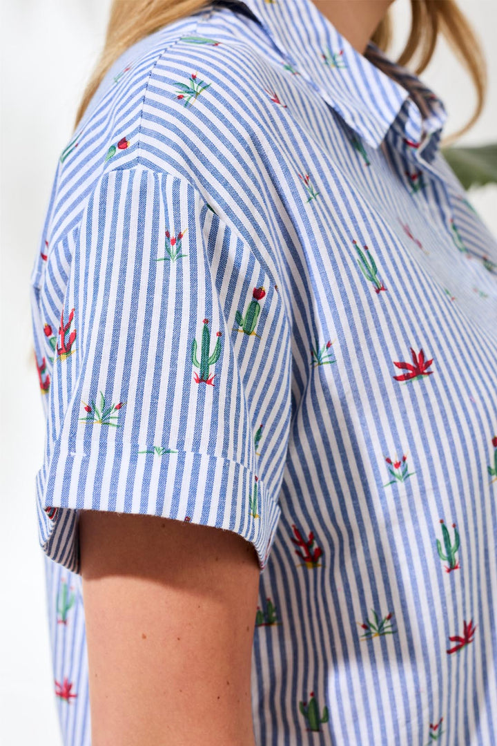 Striped Cactus Embroidered Button-Up Shirt