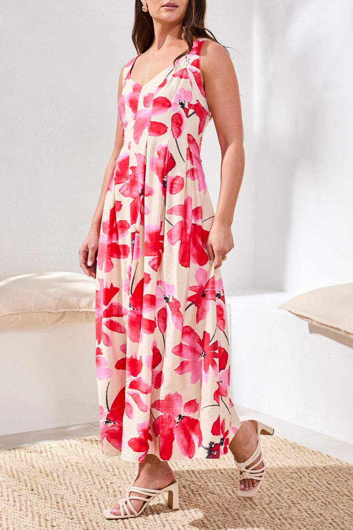 Watercolor Floral Sleeveless Midi Dress