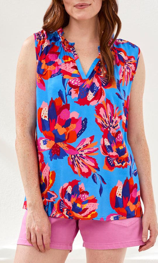Floral Print Sleeveless Ruffle Neck Top