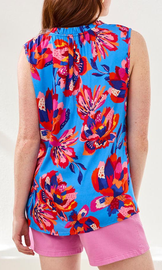 Floral Print Sleeveless Ruffle Neck Top
