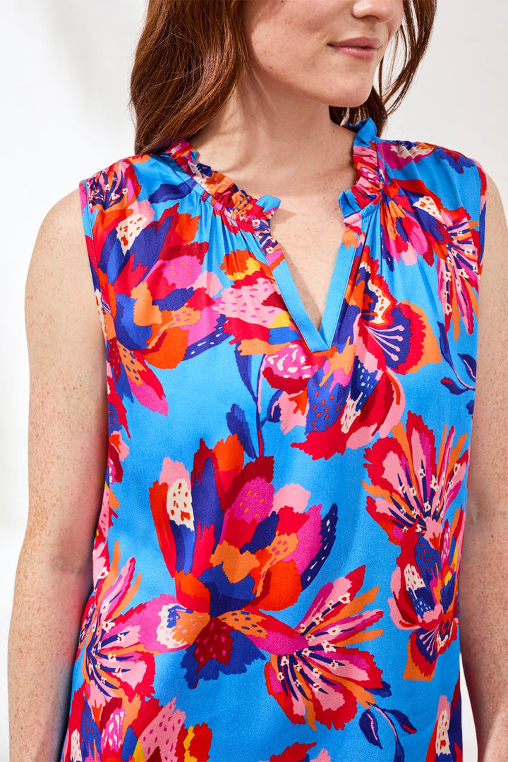 Floral Print Sleeveless Ruffle Neck Top