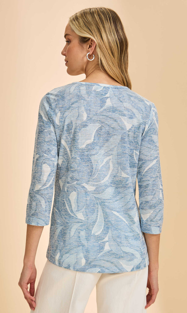 Soft blue printed Henley V-neck top with 3/4 sleeves