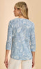 Soft blue printed Henley V-neck top with 3/4 sleeves