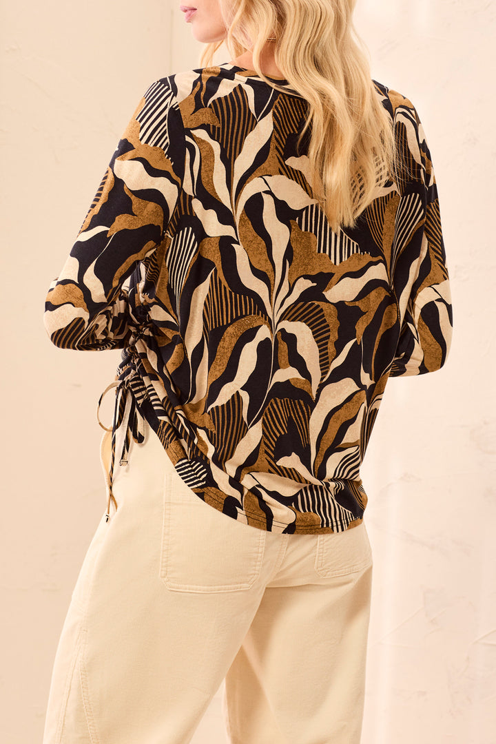 Abstract Leaf Print Side Ruched Top